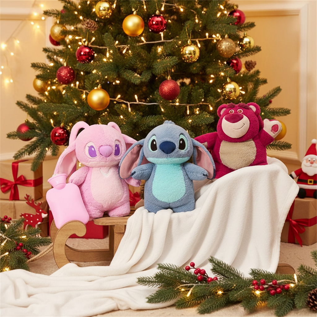 Three Plush Toys Christmas Scene